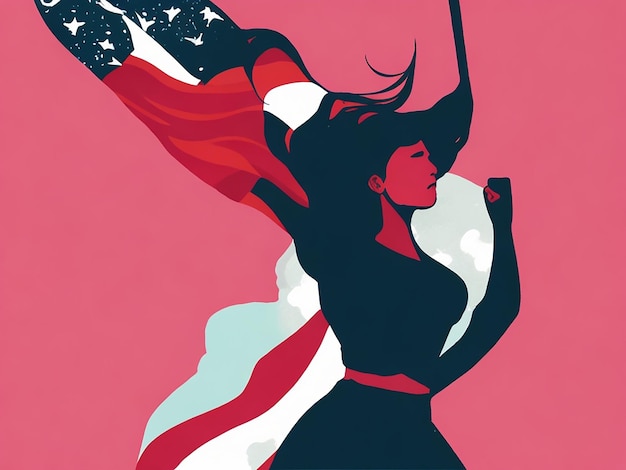 力を誇示するために腕を上げた女性 握りこぶしにはフェミニズムの旗が飾られている