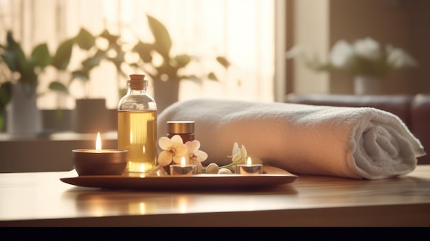 A woman's arm rests on a table with a bottle of spa oil and a candle