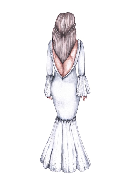 Woman's back in a wedding dress on a white background