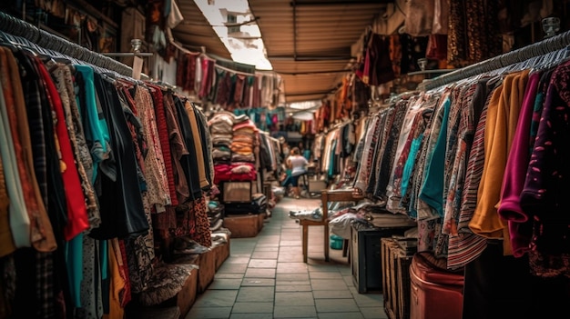 A woman's clothing store is open to a store with a large number of clothes on the floor.