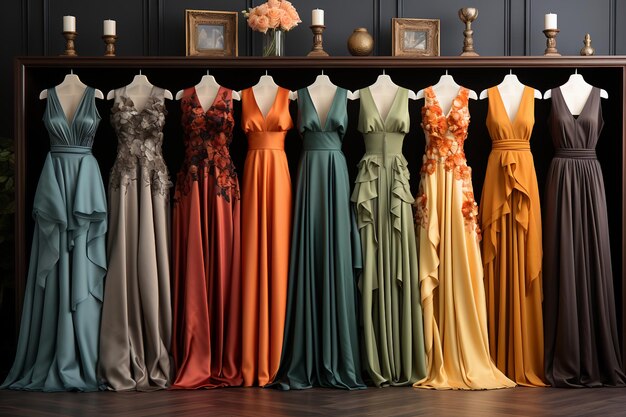 woman's colorful evening dresses in wardrobe in bedroom