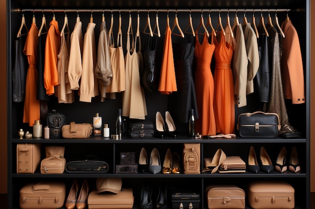 Woman's colorful evening dresses in wardrobe in bedroom