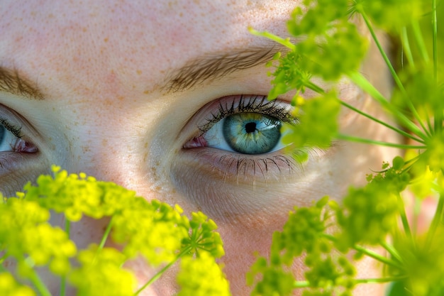 写真 女性の目は,茂った緑と活気のある花を通して,密接に眺めます.