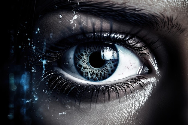 A woman's eye with a blue eye and the word love on it.