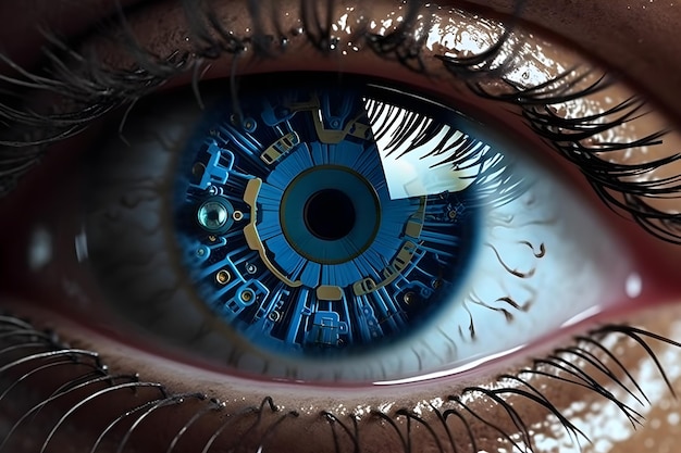 A woman's eye with a circuit inside it