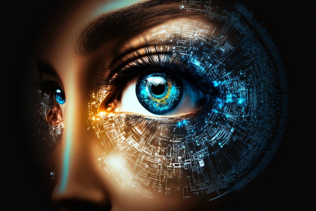 A woman's eye with a digital image of a blue eye