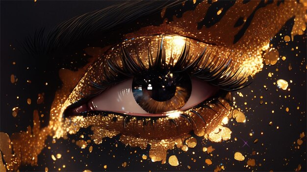 A woman's eye with gold glitter and a black background.