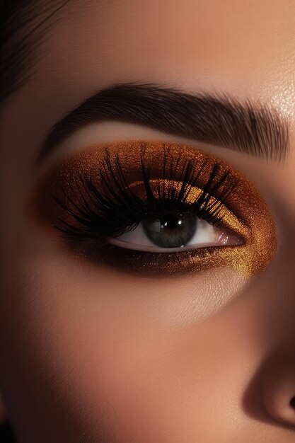 A woman's eye with a gold glittery eyeliner.