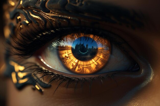 a woman's eye with a golden eye and the word " in the corner. "