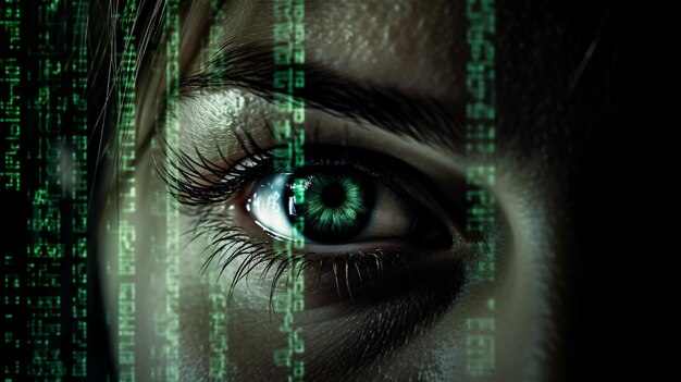 A woman's eye with green text that says'cyber security '