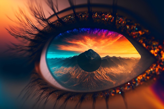 Photo a woman's eye with a mountain in the background