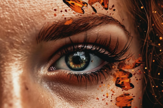 A woman's eye with orange paint and a splash of paint.