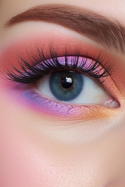 A woman's eye with a pink and orange eye shadow.