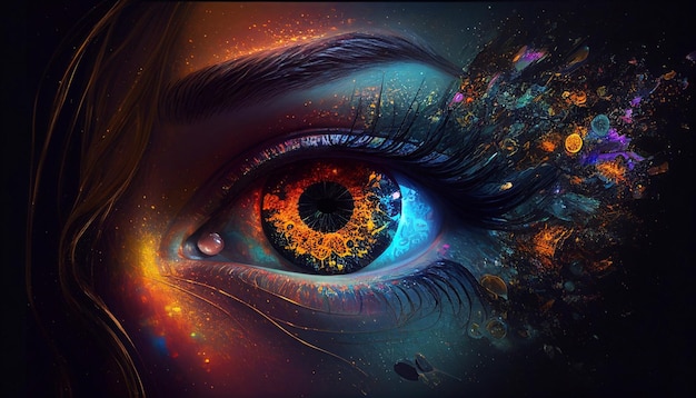 A woman's eye with a rainbow of colors