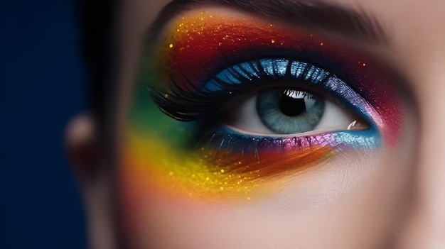 A woman's eye with a rainbow eye makeup.