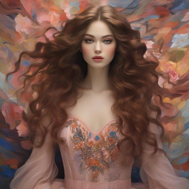 Женское лицо украшено мерцающим покраснением, ее длинные волосы с искусственным интеллектом.