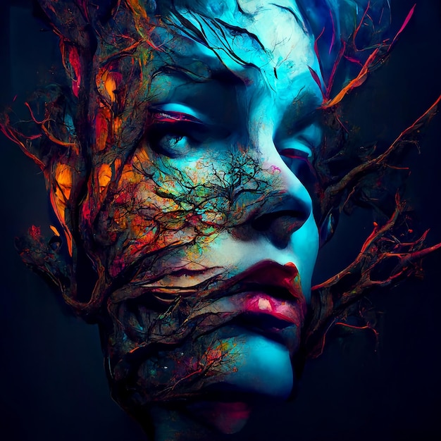 A woman's face in branches and tree