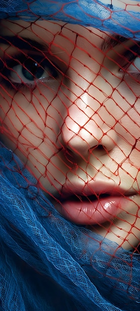 A woman's face covered in a net