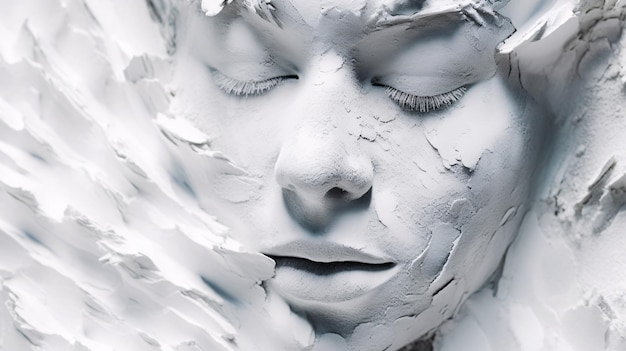 A woman's face covered in white paint