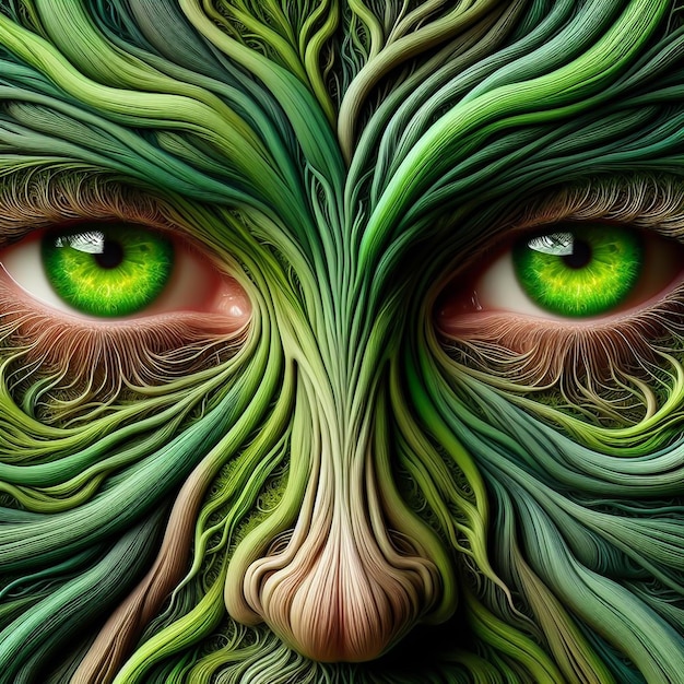 Woman's face covered with green roots tree woman big green eyes environment concept ai generated