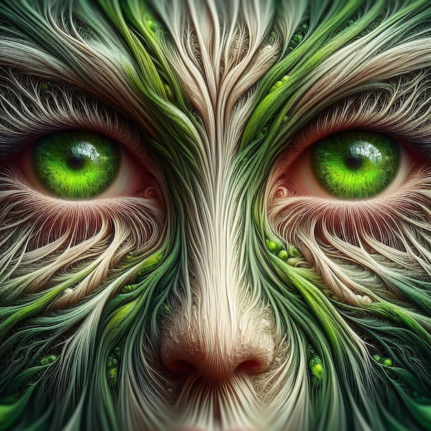 Photo woman's face covered with green roots tree woman big green eyes environment concept ai generated