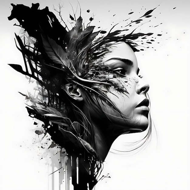 Photo a woman's face is covered in feathers and has a black and white background.