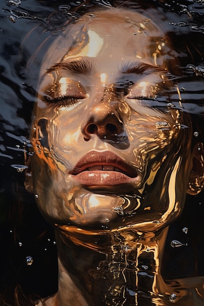 A woman's face is covered in gold paint and is surrounded by water.