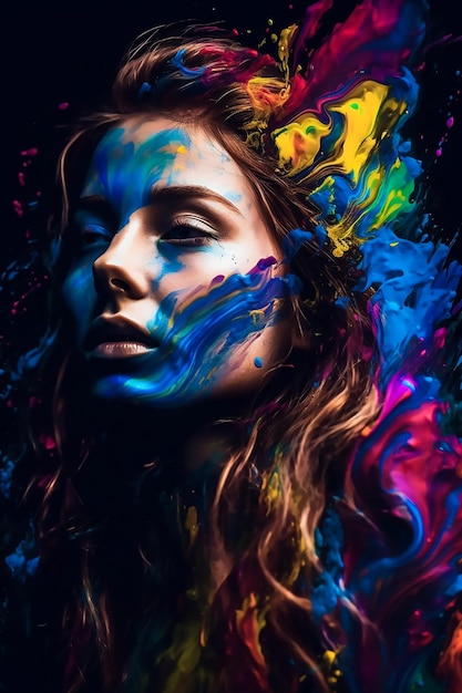 A woman's face is covered in paint and has a blue background with the word art on it