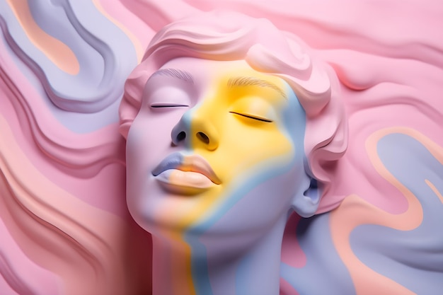 A woman's face is covered in pink and blue paint