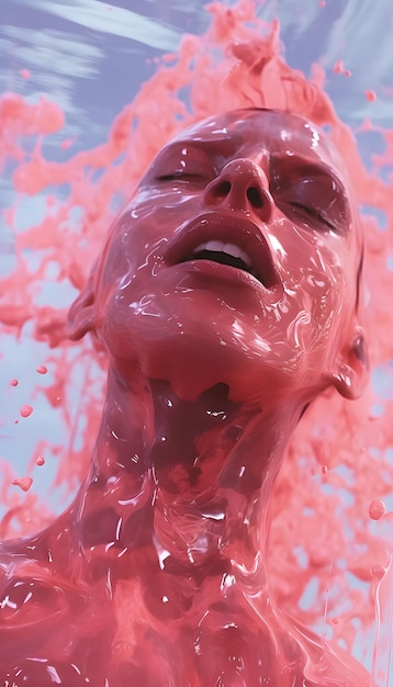 A woman's face is covered in red paint and is covered in water droplets.