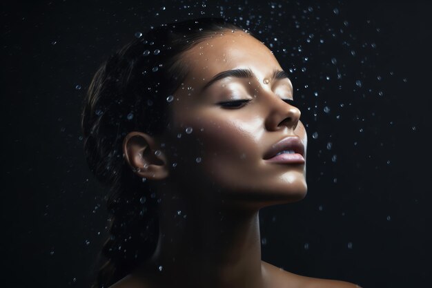 A woman's face is covered in water with bubbles