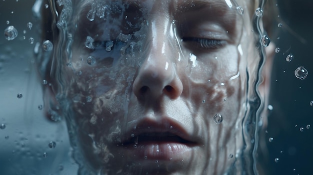 A woman's face is covered in water