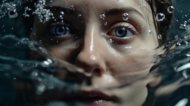 A woman's face is covered in water