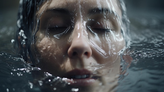 A woman's face is covered in water