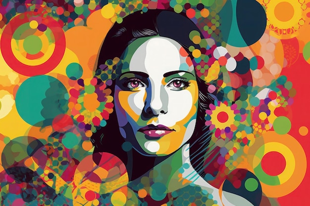 A woman's face is illustrated by colorful circles and flowers in the style of fluid color combinations Generative AI