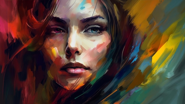 A woman's face is painted in a colorful palette.