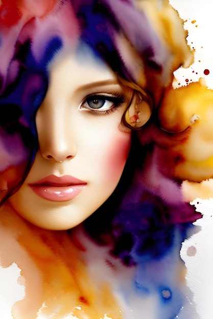 A woman's face is painted with watercolors and the word love.