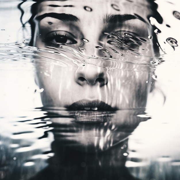 a woman's face is reflected in the water.