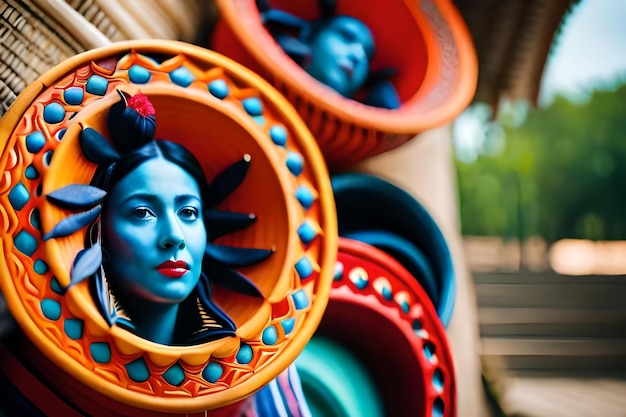 A woman's face is seen among colorful plates of various colors