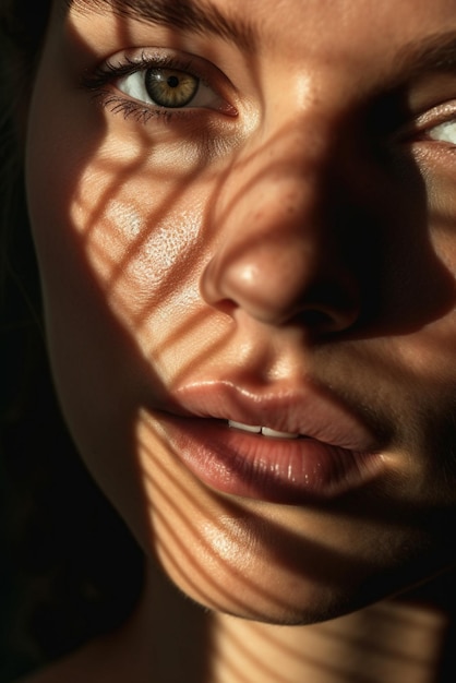 A woman's face is seen through the shadows of the blinds.