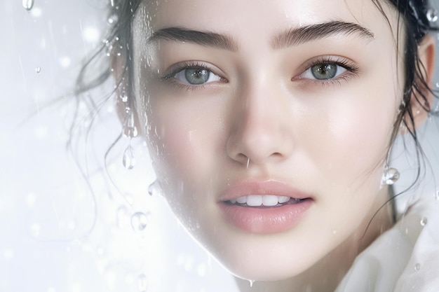 A woman's face is shown in a shower with water droplets on it.