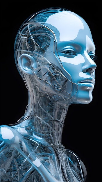 女性の顔に青いロボットの頭が描かれています。