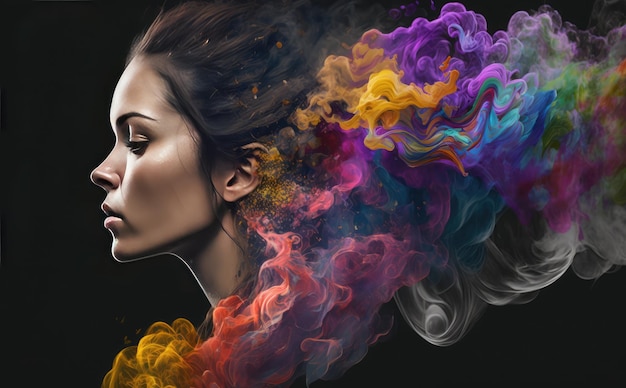 A woman's face is shown with a colorful smoke cloud in the background.