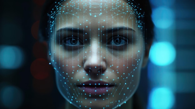 A woman's face is shown with a digital display of numbers and dots.