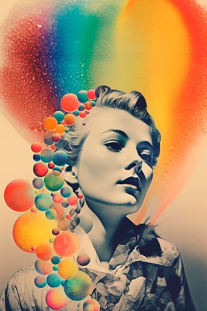 A woman's face is shown with a rainbow background.