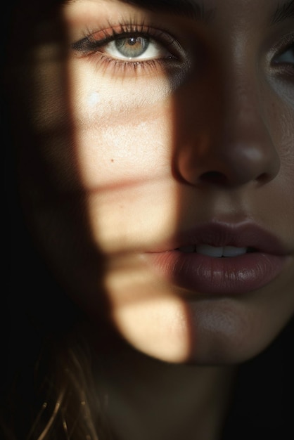 A woman's face is shown with a shadow of her eyes.