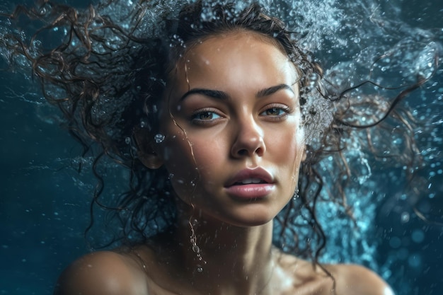 A woman's face is submerged in water and the water is surrounded by bubbles.