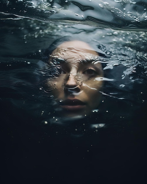 Photo a woman's face is submerged in water with bubbles.