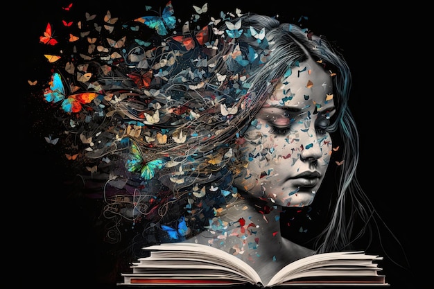 여자의 얼굴은 나비와 책으로 둘러싸여 있습니다.