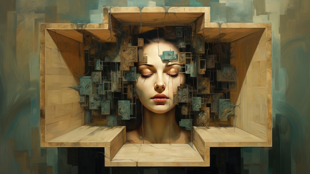 Photo a woman's face is surrounded by a wooden box with the words 